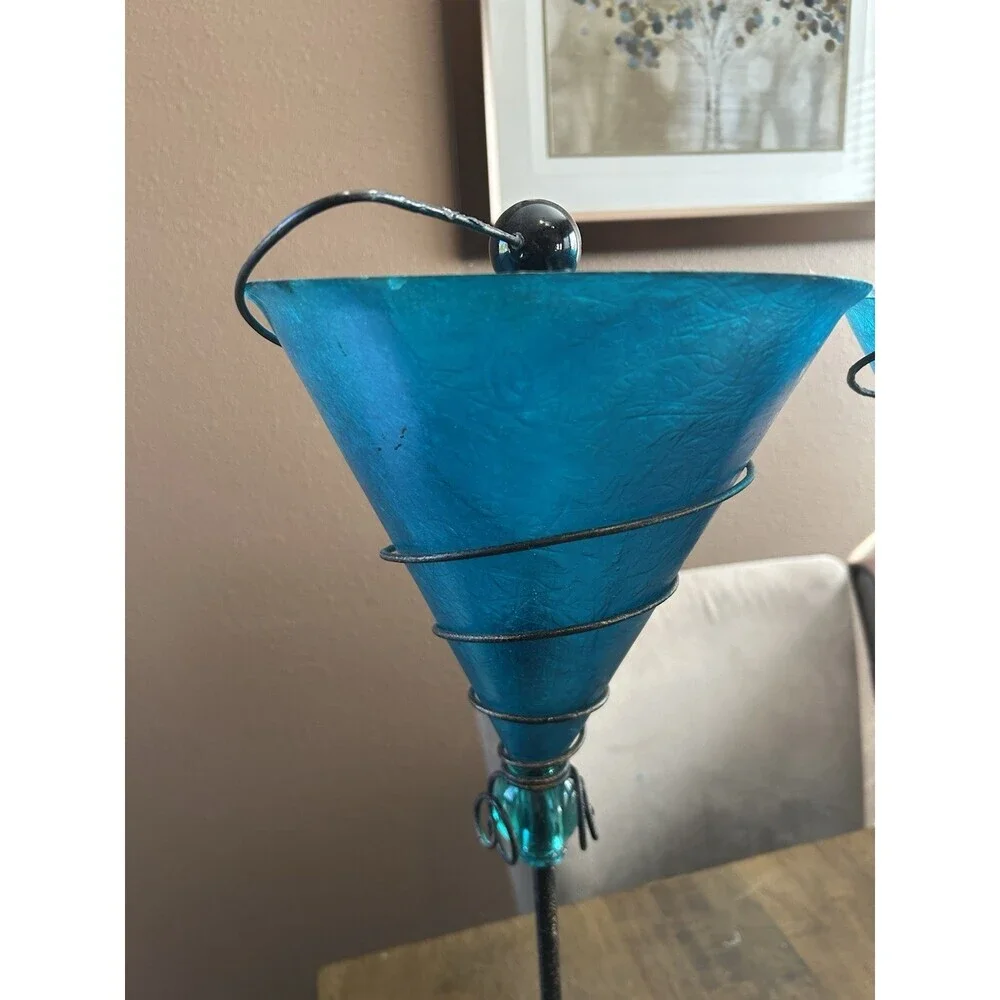 Set of 2 Vintage, Teal Martini Glass Lamps, MCM Style. Fiberglass Shades 18”